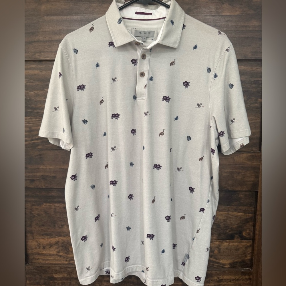 Ted Baker Light Gray Polo with Purple and Blue Accents Size 5